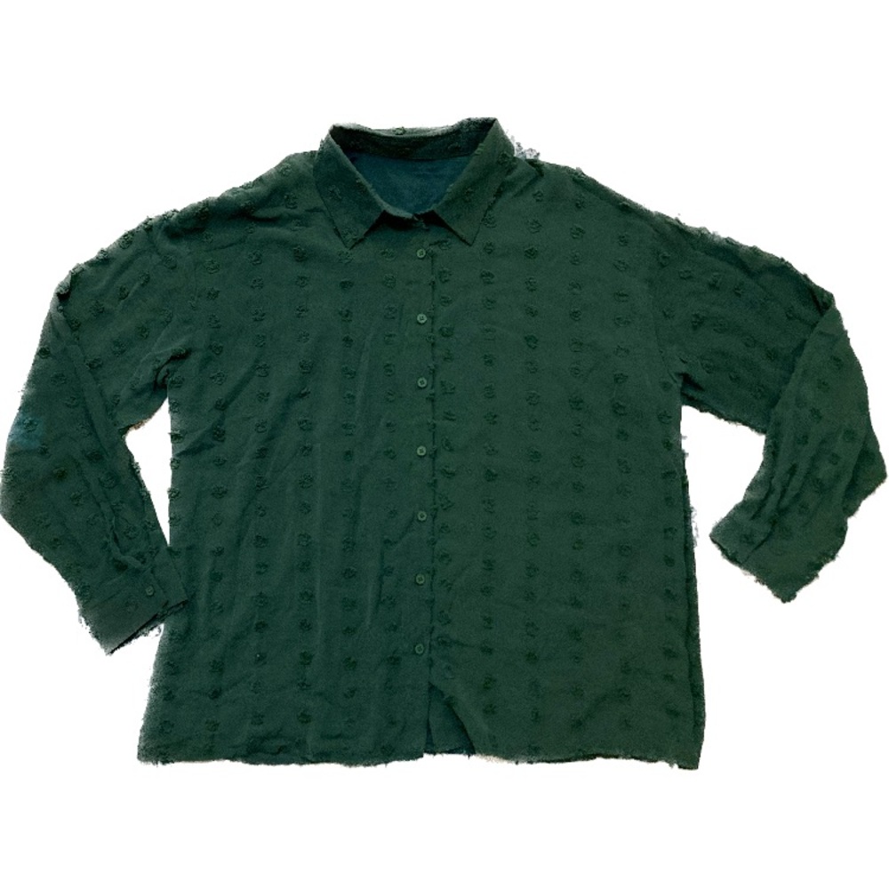 C01 Chiffon Button Up Shirt Swiss Polka Dot Top Dark Green Long Sleeve Sz 2XL
